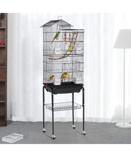 Large Roof Top Bird Cage With Stand and Toys - Black